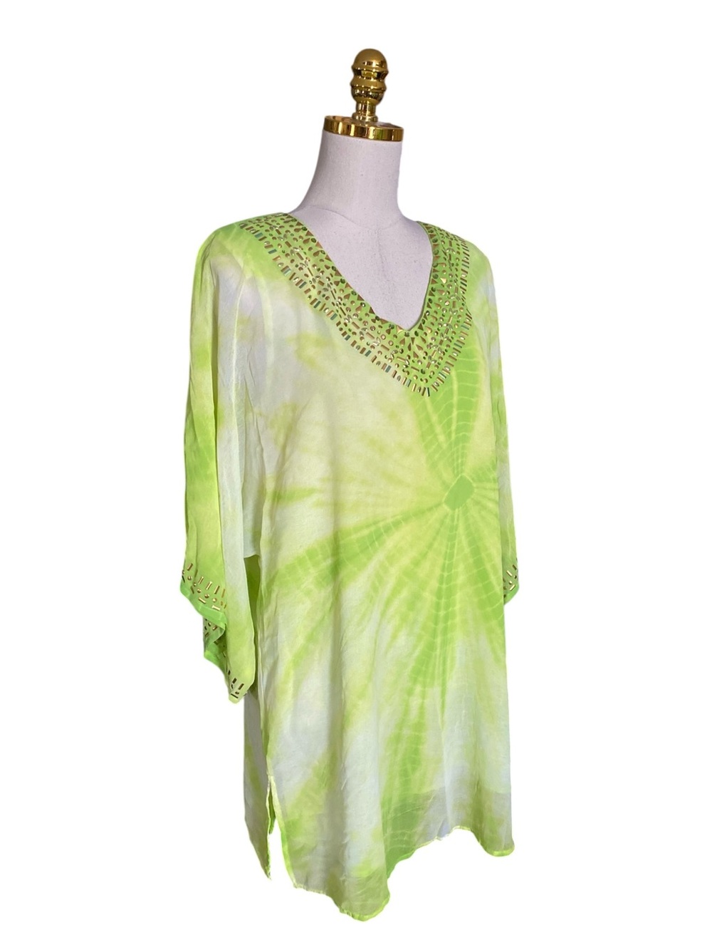 Diane Gilman Lime Green Tie-Dye Beaded V-Neck Kaftan Beach Resort Vacation Top M - Picture 6 of 14